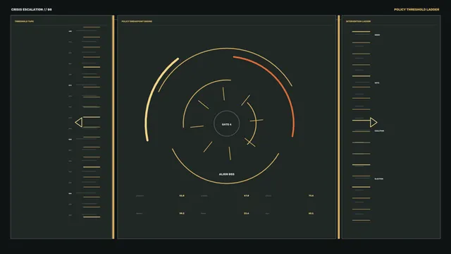 Dark policy dashboard with concentric signal geometry — free 3840x2160 4K wallpaper image