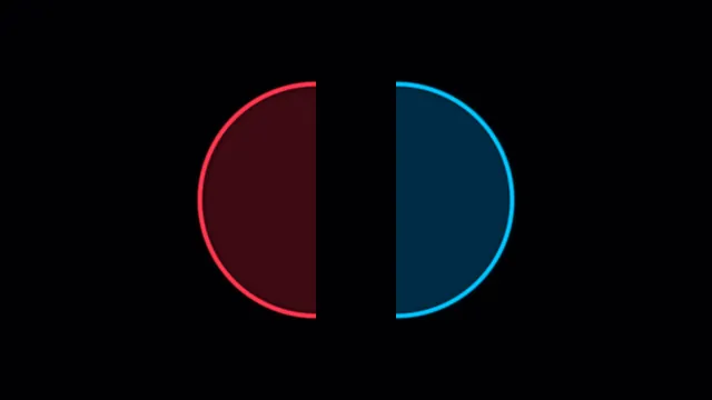 Split neon circles on a black geometric field — free 3840x2160 4K wallpaper image