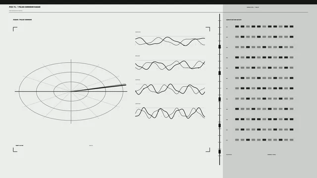 Monochrome radar corridor with signal graphs — free 3840x2160 4K wallpaper image