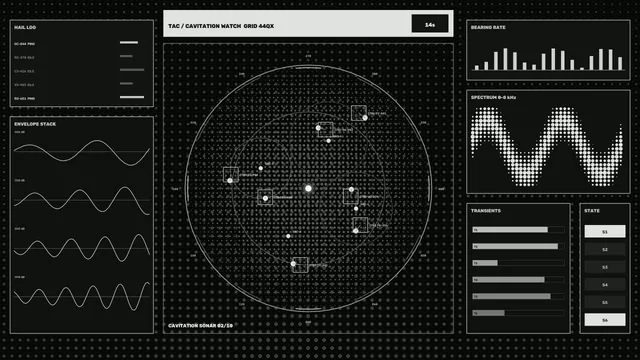 Monochrome Cavitation Sonar Operations Dashboard — free 3840x2160 4K wallpaper image