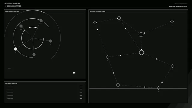 Monochrome network security diagram with orbit geometry — free 3840x2160 4K wallpaper image