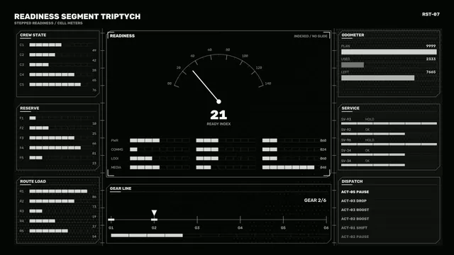Monochrome readiness dashboard with gauge geometry — free 3840x2160 4K wallpaper image
