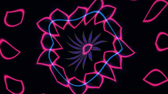 Neon magenta flower with blue orbital curves — free 3840x2160 4K wallpaper image