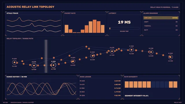 Acoustic relay topology dashboard in indigo — free 3840x2160 4K wallpaper image