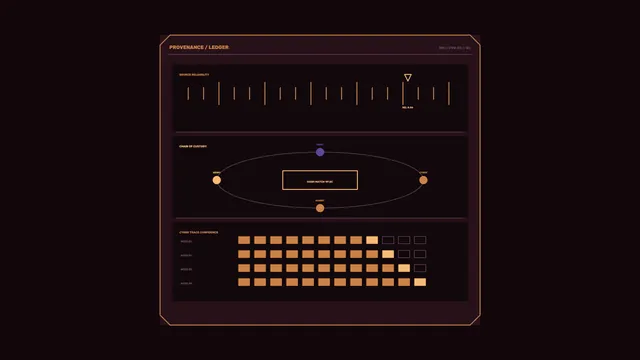 Provenance ledger with geometric data panels — free 3840x2160 4K wallpaper image