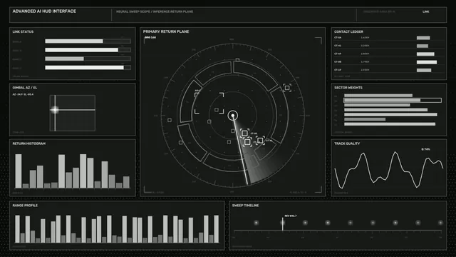 Monochrome orbital radar interface dashboard — free 3840x2160 4K wallpaper image