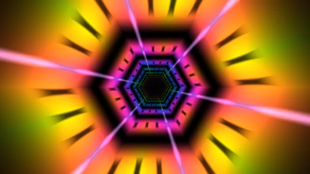Neon hexagonal tunnel with radial light bands — free 3840x2160 4K wallpaper image