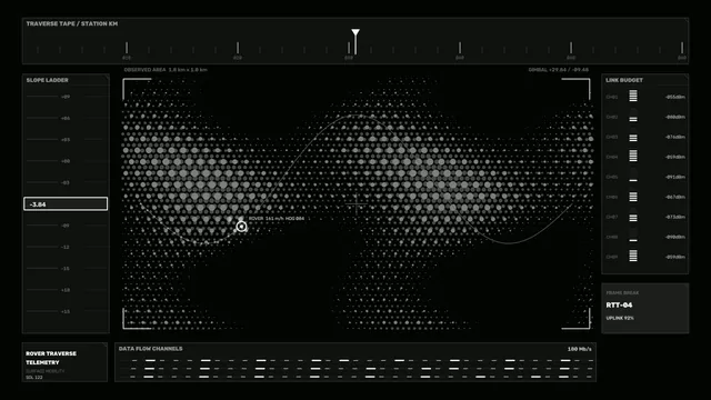 Monochrome rover telemetry with dotted terrain map — free 3840x2160 4K wallpaper image
