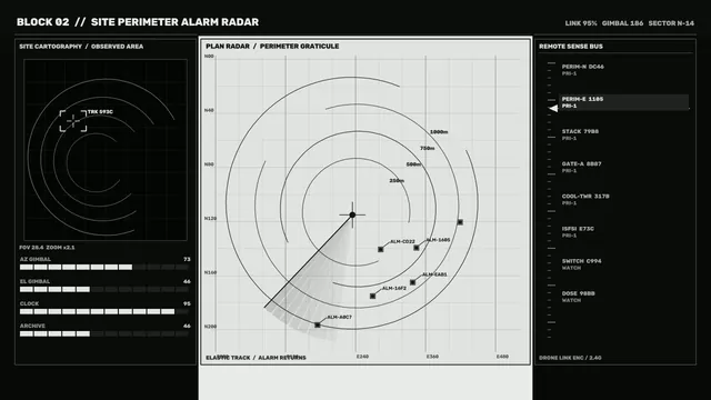 Monochrome perimeter radar control schematic — free 3840x2160 4K wallpaper image