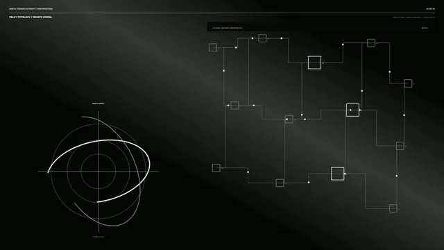 Orbital relay topology on a dark technical grid — free 3840x2160 4K wallpaper image