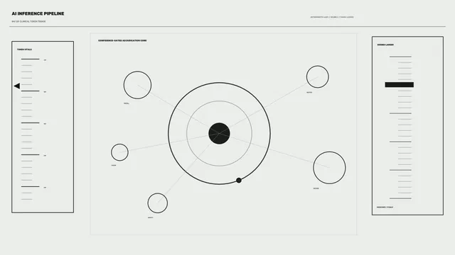 Monochrome circular inference pipeline diagram — free 3840x2160 4K wallpaper image