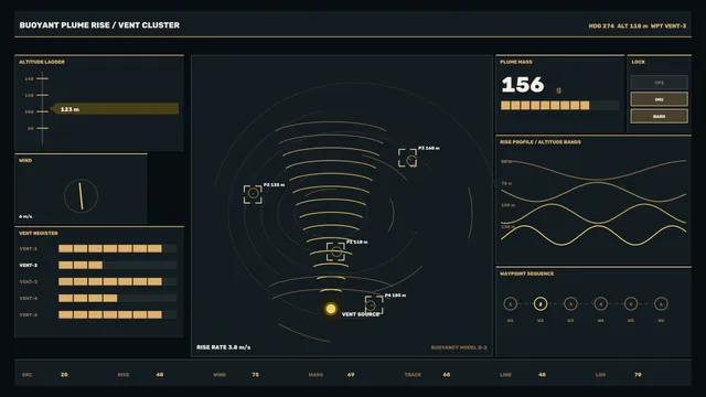 Dark buoyancy telemetry dashboard with plume map — free 3840x2160 4K wallpaper image