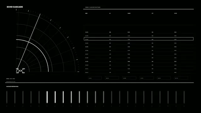 Monochrome radar cascade interface with data grid — free 3840x2160 4K wallpaper image