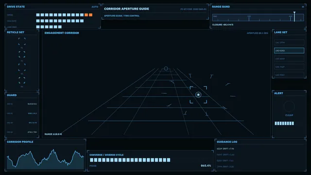 Blue tactical corridor interface with grid reticle — free 3840x2160 4K wallpaper image
