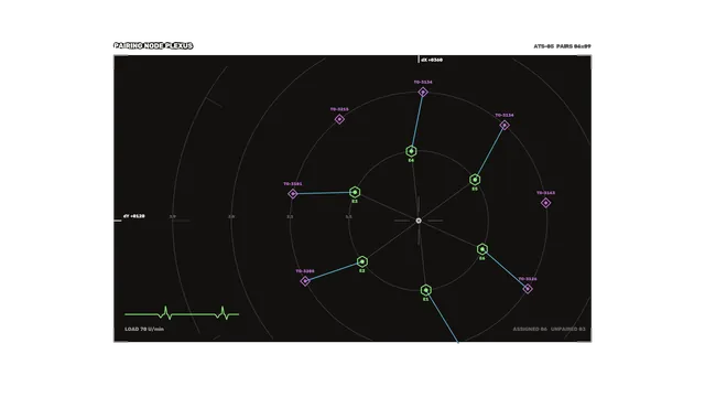 Neon orbital network diagram on black — free 3840x2160 4K wallpaper image
