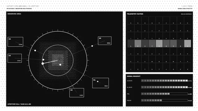 Monochrome aperture gimbal telemetry interface — free 3840x2160 4K wallpaper image