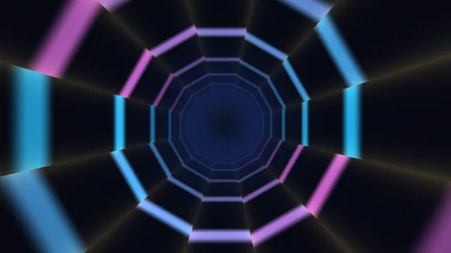 Neon octagonal tunnel with cyan and violet bands — free 3840x2160 4K wallpaper image