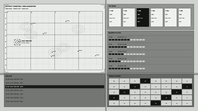 Monochrome targeting grid with tactical data panels — free 3840x2160 4K wallpaper image