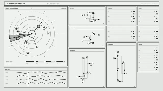 Monochrome AI attention radar interface diagram — free 3840x2160 4K wallpaper image