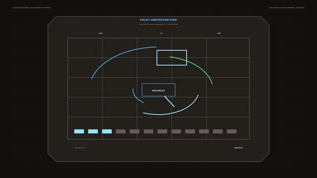 Dark policy arbitration interface with arc diagram — free 3840x2160 4K wallpaper image