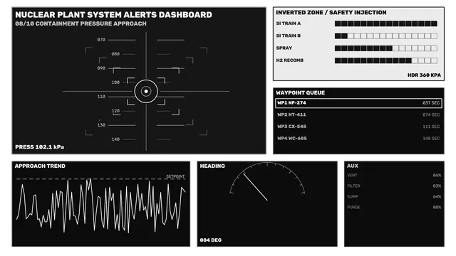 Monochrome Nuclear Plant Systems Dashboard — free 3840x2160 4K wallpaper image