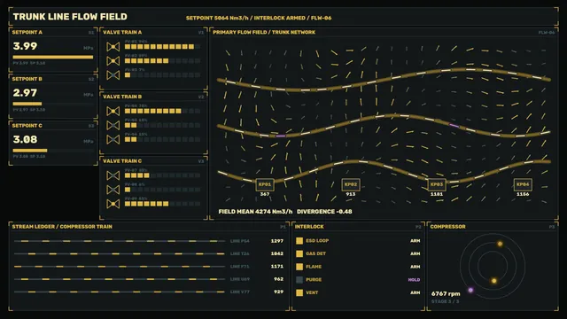 Industrial flow field control panel in dark mode — free 3840x2160 4K wallpaper image