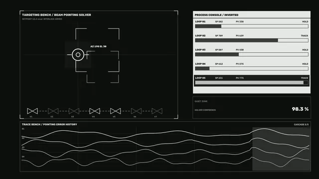 Dark targeting console with beam-pointing diagrams — free 3840x2160 4K wallpaper image