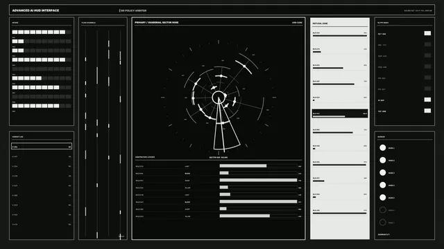 Monochrome AI policy interface with radial diagram — free 3840x2160 4K wallpaper image