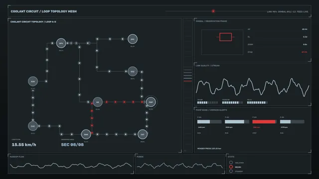 Coolant circuit topology dashboard with red alerts — free 3840x2160 4K wallpaper image